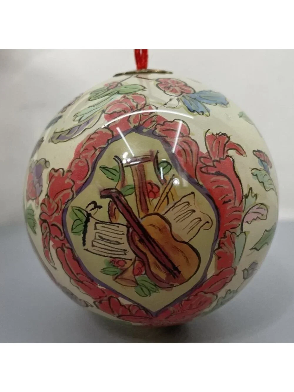 Vintage Christmas Glass Ornament Round Reverse Inside Hand Painted Angel Violin